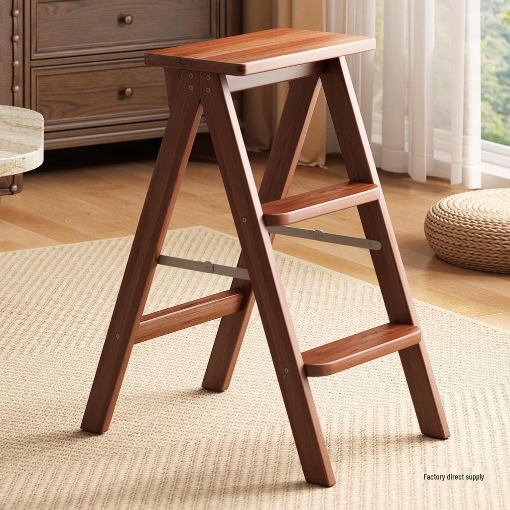 Solid Wood Folding Step Stool Chair - Multifunctional 3-Step Ladder for Kitchen and Household Use