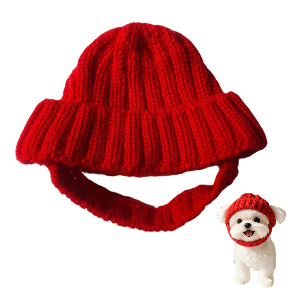 Maltese Dog Beanie Hat, Cozy Soft Knit with Ear Flaps, Cute Playful Dog Design, for Small Dogs, Red & Winter, Indoor/Outdoor Use