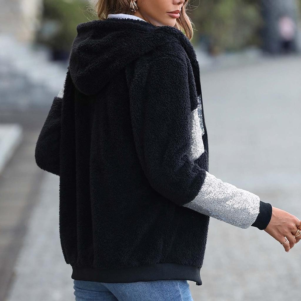 Women's Shaggy Hooded Coats Bright Color Block Hoodie Fashion Sequins Jacket Fall Winter Zip Up Outwear