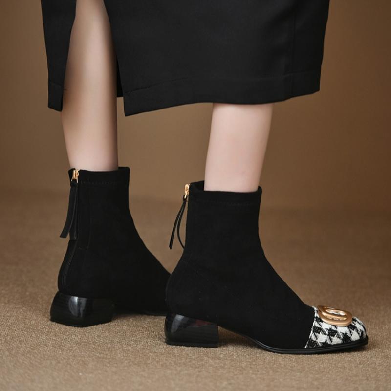 fashion Women's Mid Heel Chelsea Boots Thick Suede Ankle Shoes 2024 Winter Fashion New Zipper Boots High Heels