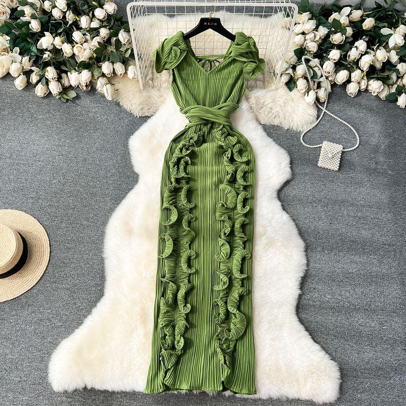 

Accessible Luxury Banquet Pleated Three-Dimensional Silm Dress Dress Green All yards