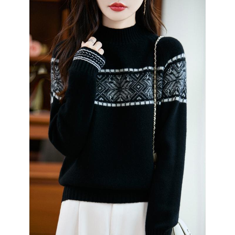 Thickened Half High-neck Knitted Sweater - Retro Jacquard - Fall/Winter Business Casual Pullover Sweater for Women Fabric: Wool