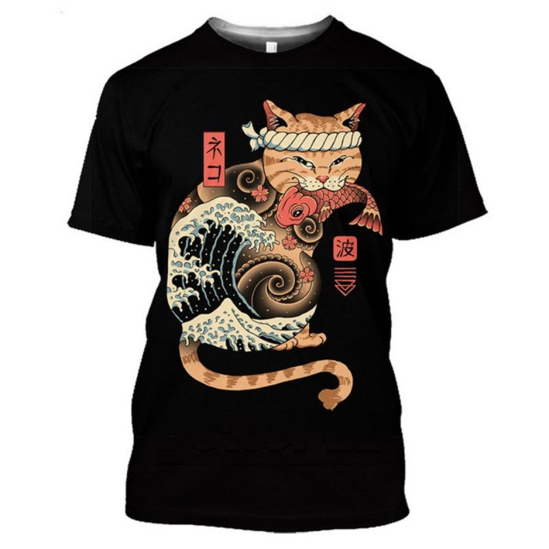 Trendy Summer Samurai Cat 3D Digital Printed Short Sleeved T-shirt for Men Women Shirt