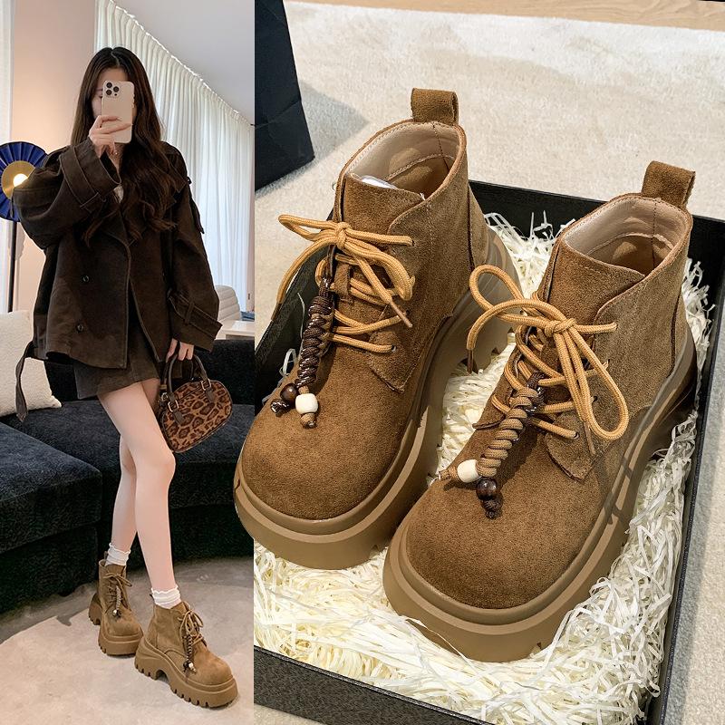 Retro beaded round head short boots autumn new fashion Martin boots women's small height-increasing thick-soled boots women