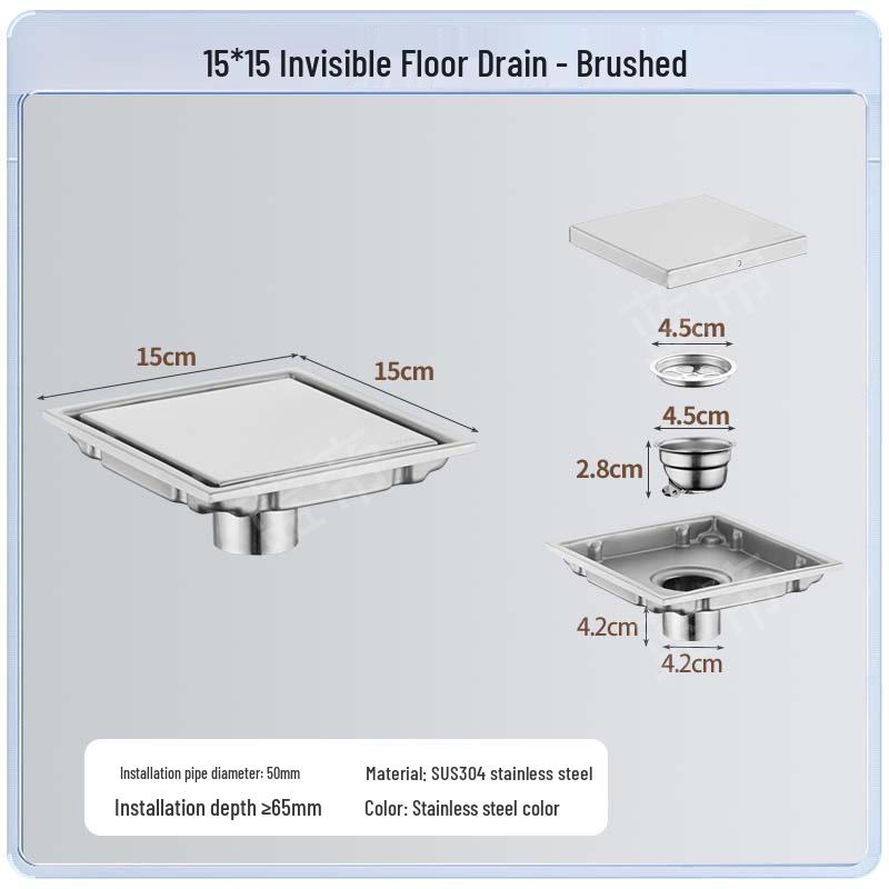 15x15 Odor-Proof Invisible Floor Drain, 304 Stainless Steel, Concealed for Bathroom or Shower Room