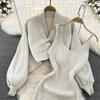 Solid Color Knitwear Set Lace Up Chinese Knitted Cardigan Women Sweater Coat Camisole Dress Two Piece Set Women Outfits