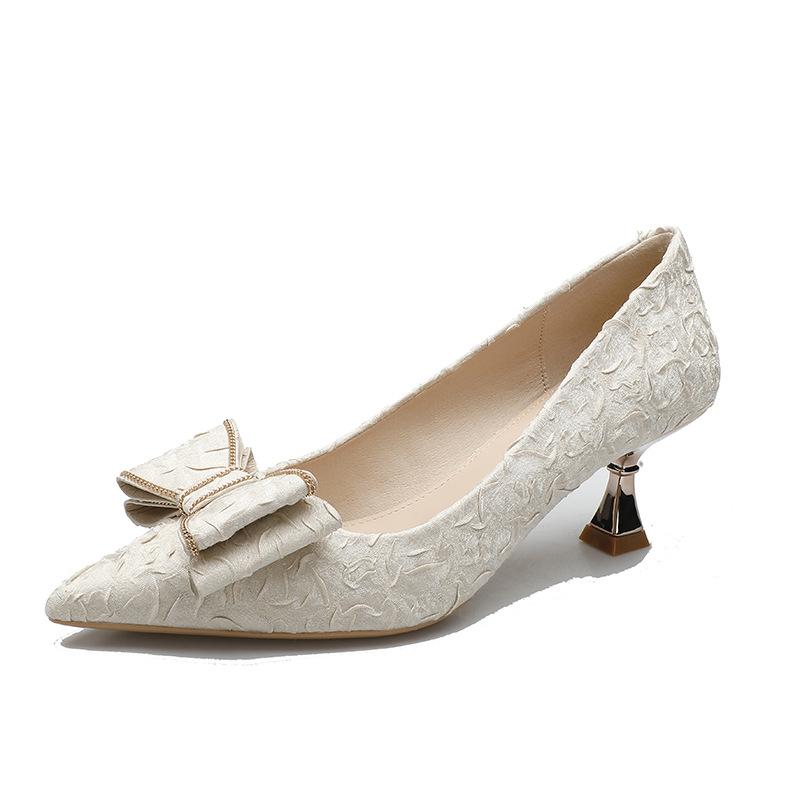 2025 new French high heels women's thin heels spring and autumn shallow mouth bow pointed women's single shoes temperament small heels