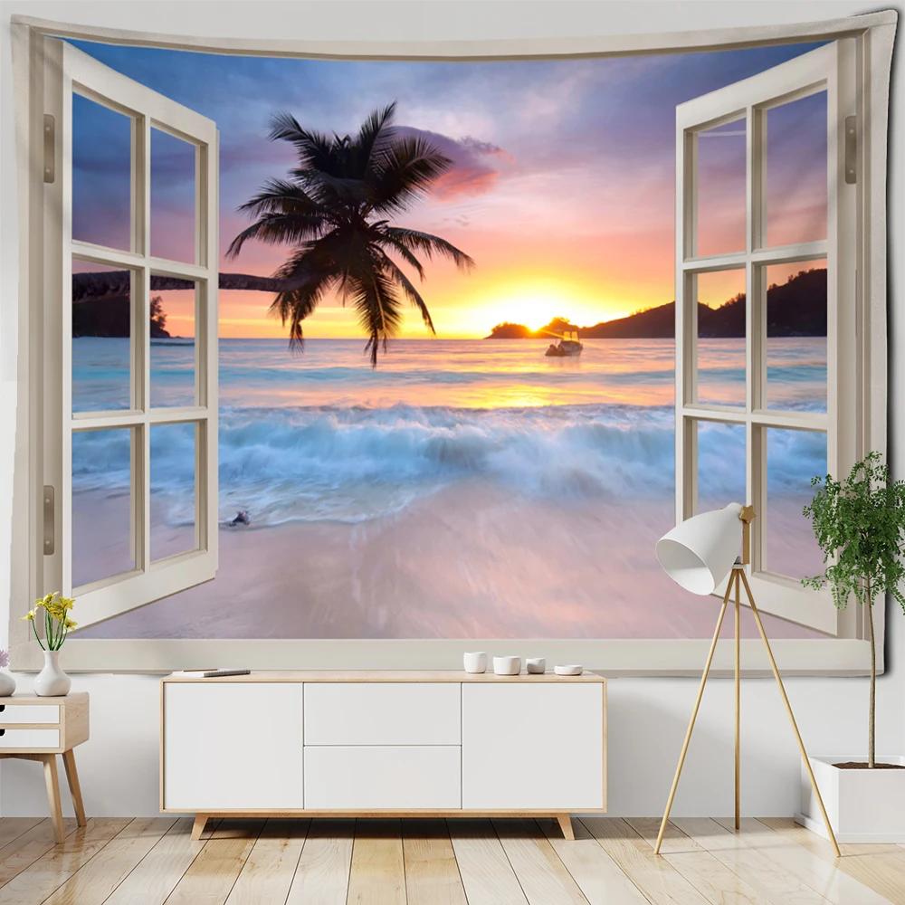 Sunset Coconut Tree Seaside Scenery Tapestry Bohemian Style Aesthetics Room Background Cloth Tapiz Decor