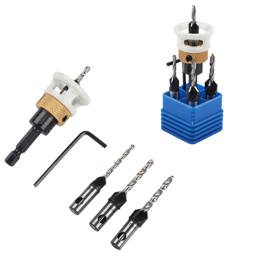 Set Of 4 Adjustable Countersink Drill Bits With Depth Stop For Woodwork