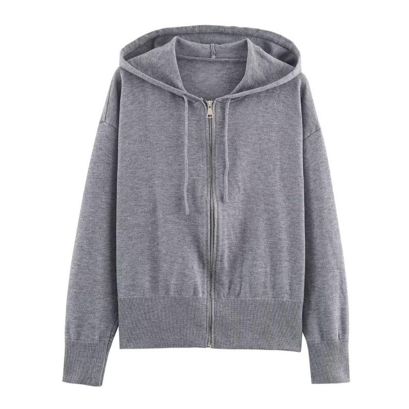Women Knit Hooded Solid Long Sleeve Cardigan Sweatshirt