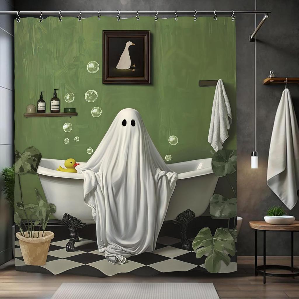 Halloween Pumpkin Ghost Shower Curtain Mouse Head Pumpkin Skull Kids Boys Holiday Scary Horror Spooky Bathroom Set Accessories