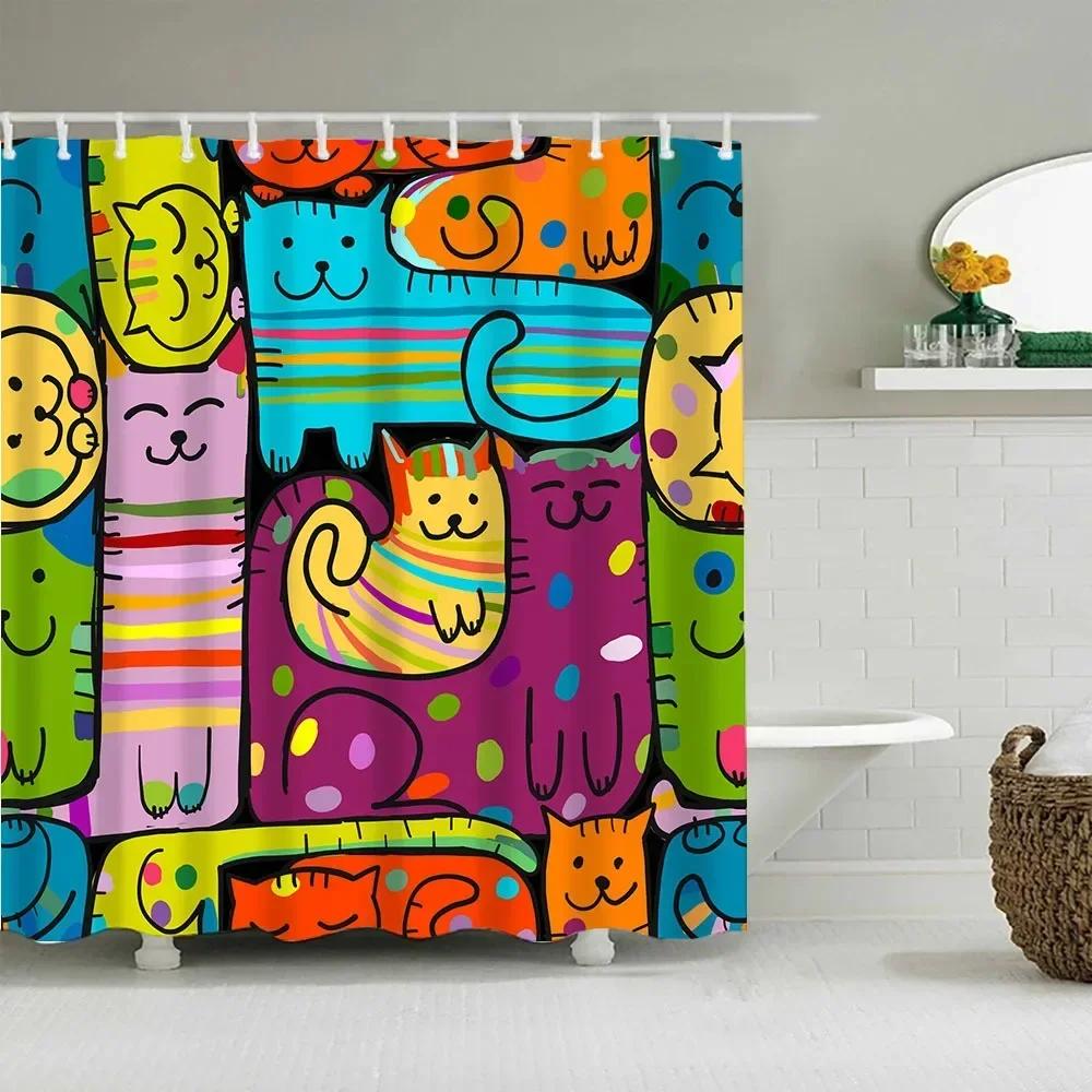 Funny Little Cat Dog Bathing Shower Curtain Cartoon Animals Printed Bathroom Curtain