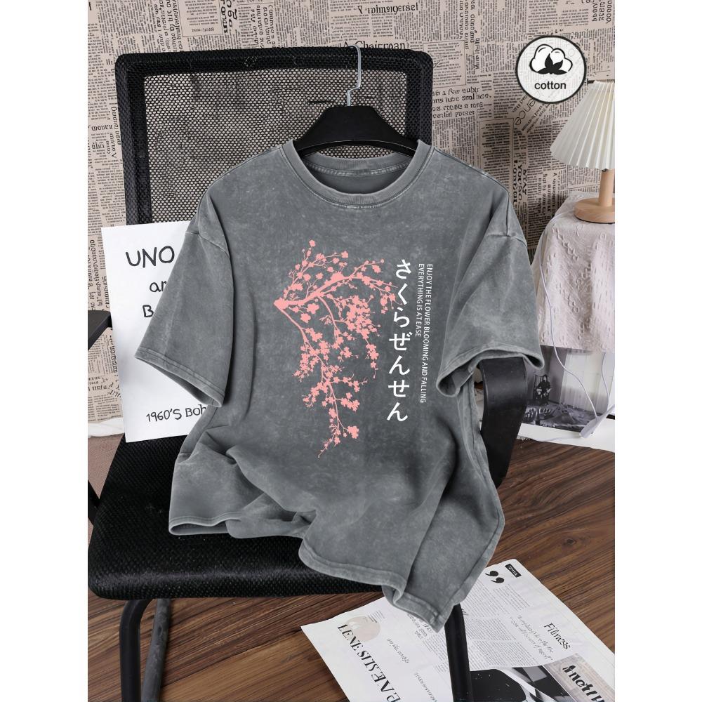 Japan Cherry Blossom Letter Print Washed T Shirt Woman Summer T-Shirts Cotton Loose Clothes Vintage Y2K Short Sleeve