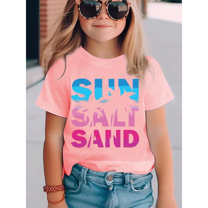 

European Size Girls Round Neck Short Sleeved T Shirt with Sun Salt Sand Element Letter Print 164cm рожевий