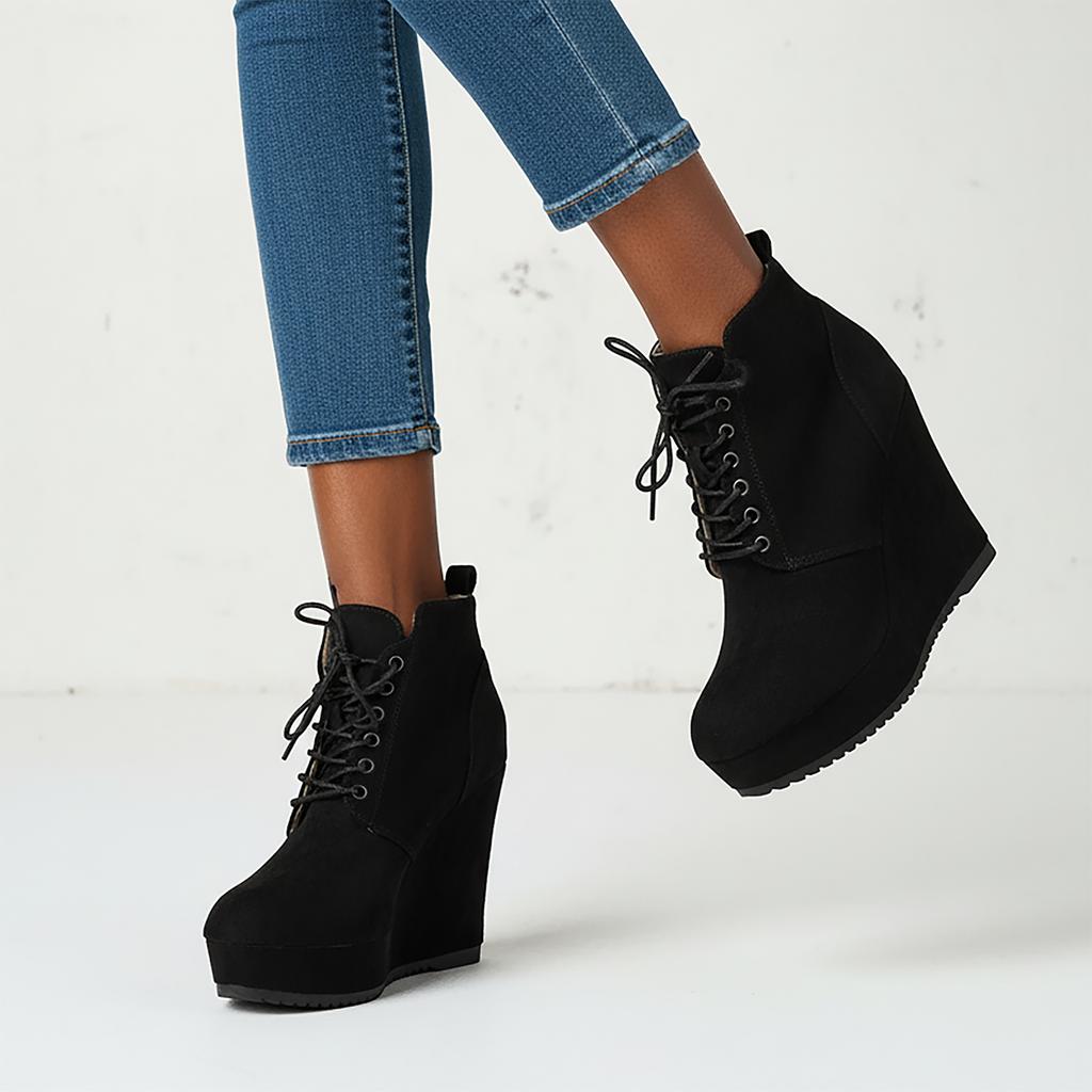 New Women Boots Plus Size Chunky Platform Ankle Boots Woman Autumn Winter Booties Fashion Lace Up Wedge Shoes for Women