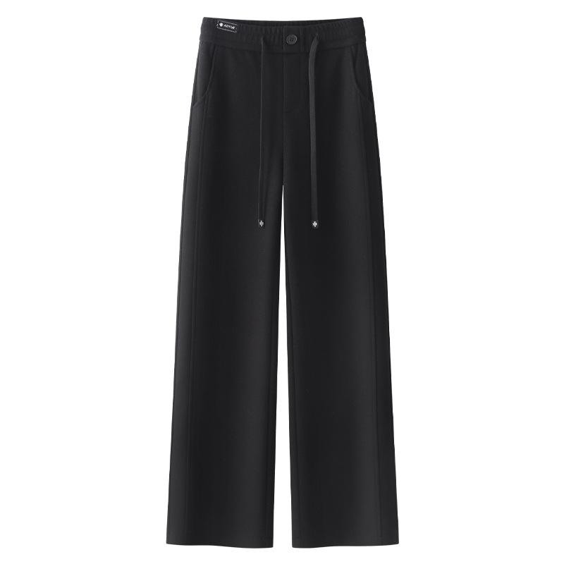 Women's 2024 Apricot Wool Blend High-Waisted Straight-Leg Cropped Pants - Casual, Loose, and Slimming for Autumn/Winter.
