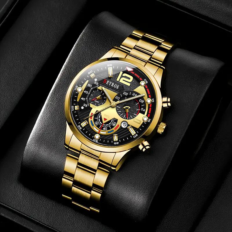 2pcs/3pcs/set, 1pc Fashion Men's Business Stainless Steel Strap Quartz Watch & 1pc Bracelet/2pcs Bracelets Set, Ideal Choice for Gifts