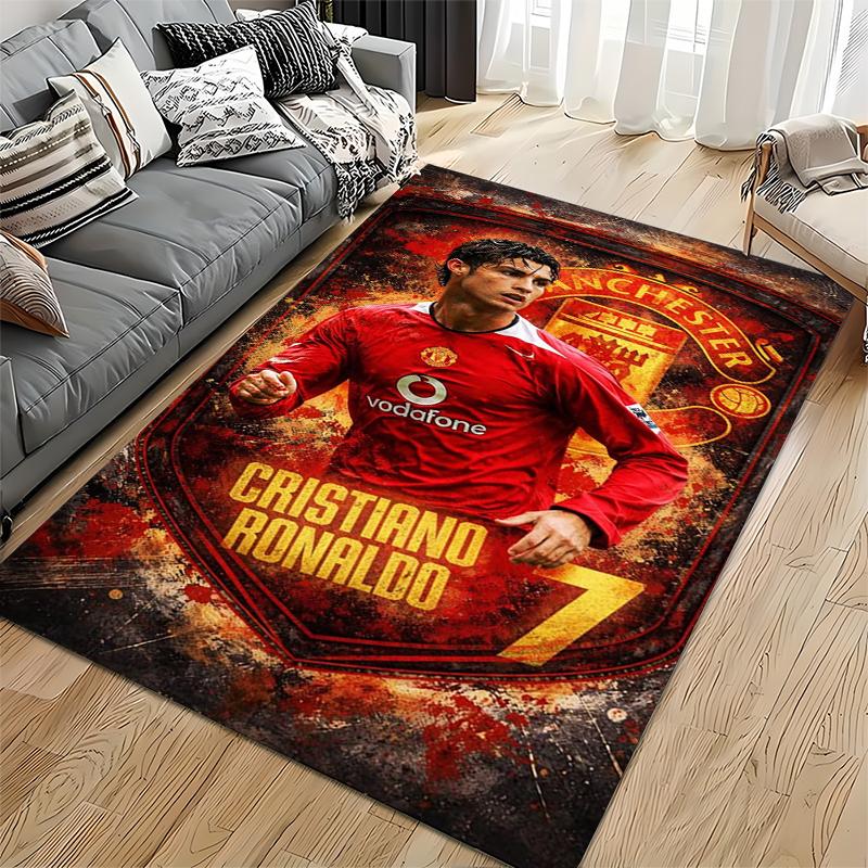 Sports Area Rug, Cristiano Ronaldo Manchester United Vintage Vodafone Number 7 Crest Grunge Print, Fan Decor, Non-Slip Mat