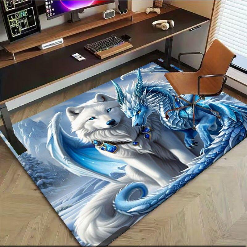 """Loup des neiges et Dragon de glace Impression d'art fantastique Tapis de bureau Parfait pour la décoration intérieure Tapis de bureau pour chaise de bureau Tapis de chaise pour bureau Polyester Chaise"""