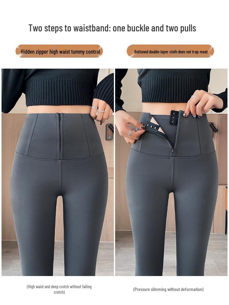 Women's High-Waist Zipper Tummy Control Pants with Shark Skin Texture - Autumn/Winter Velvet Bodycon Base Layer