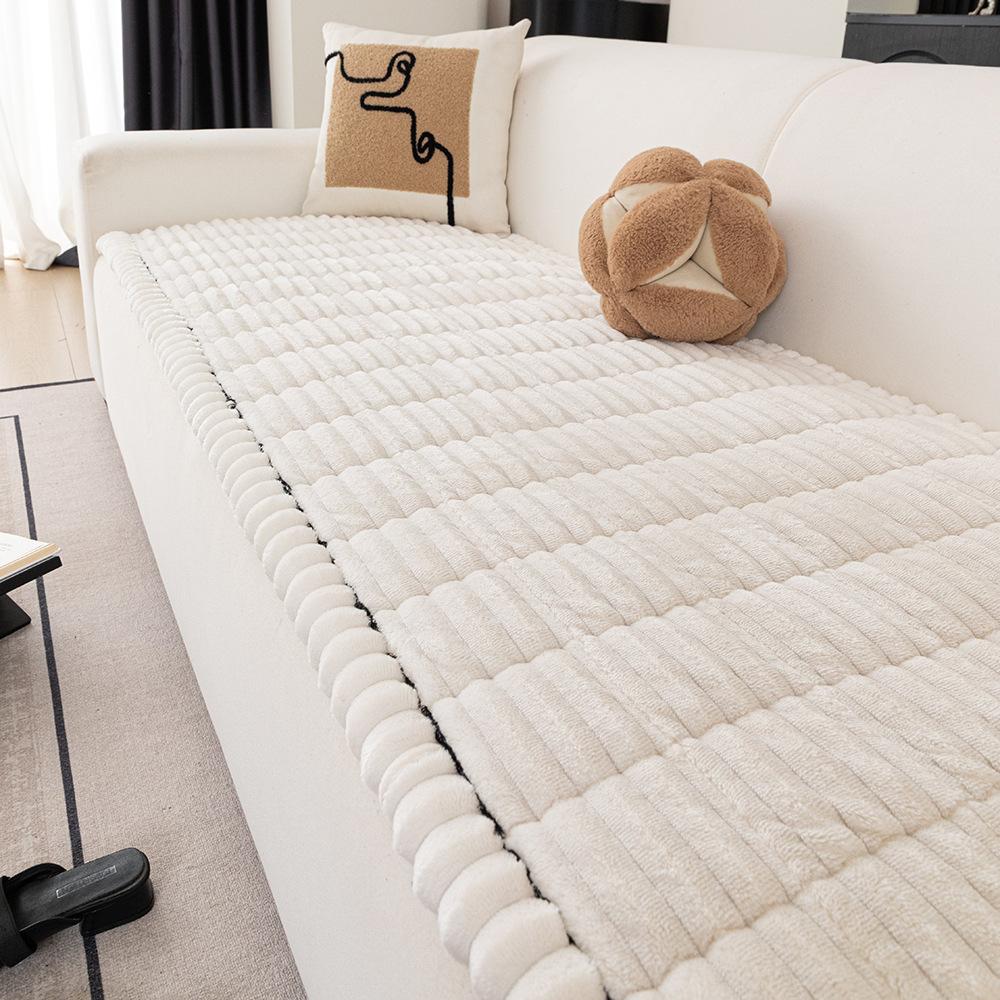Sofa Cushion Nordic Minimalist Four Seasons Plush Sofa Towel Solid Color Stripes Thick Flannel Anti Slip Non Stick