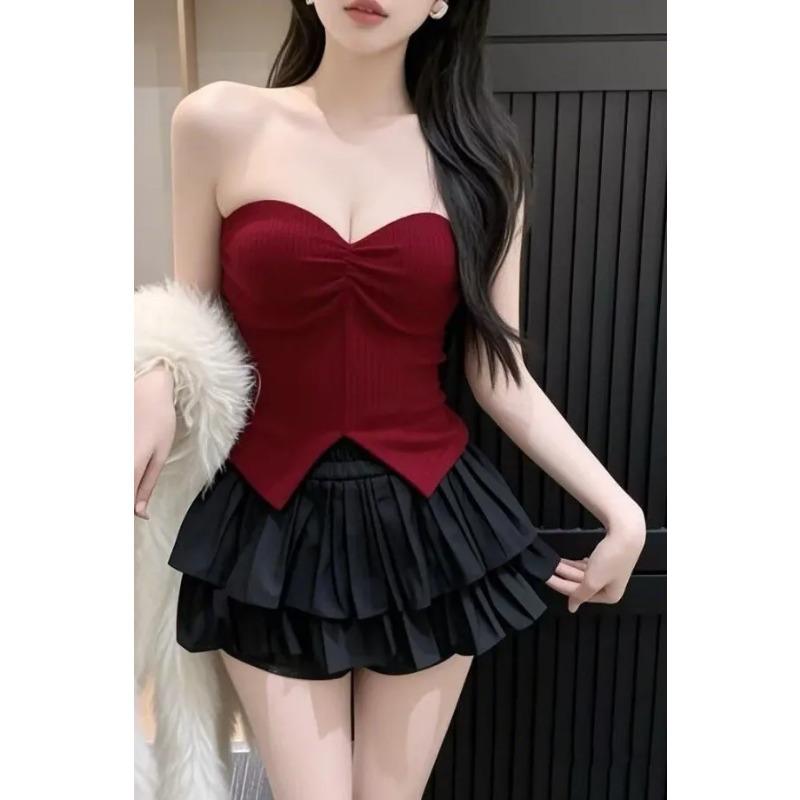 Summer Women s Strapless Bustier Top Slim Fit Ruched Asymmetrical Hem Crop Camisole S