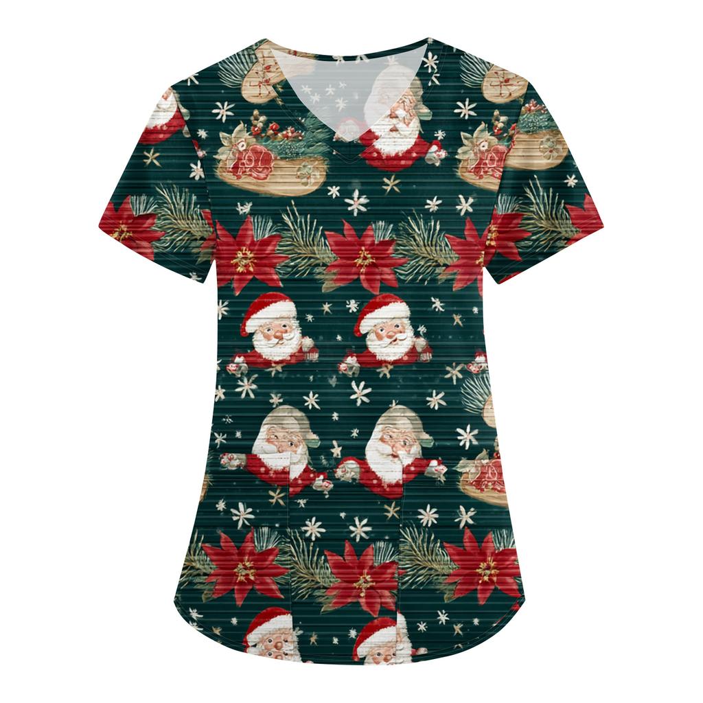Women's Fashion V-Neck Short Sleeve Overalls With Pockets Christmas Printed Tops  Clothes