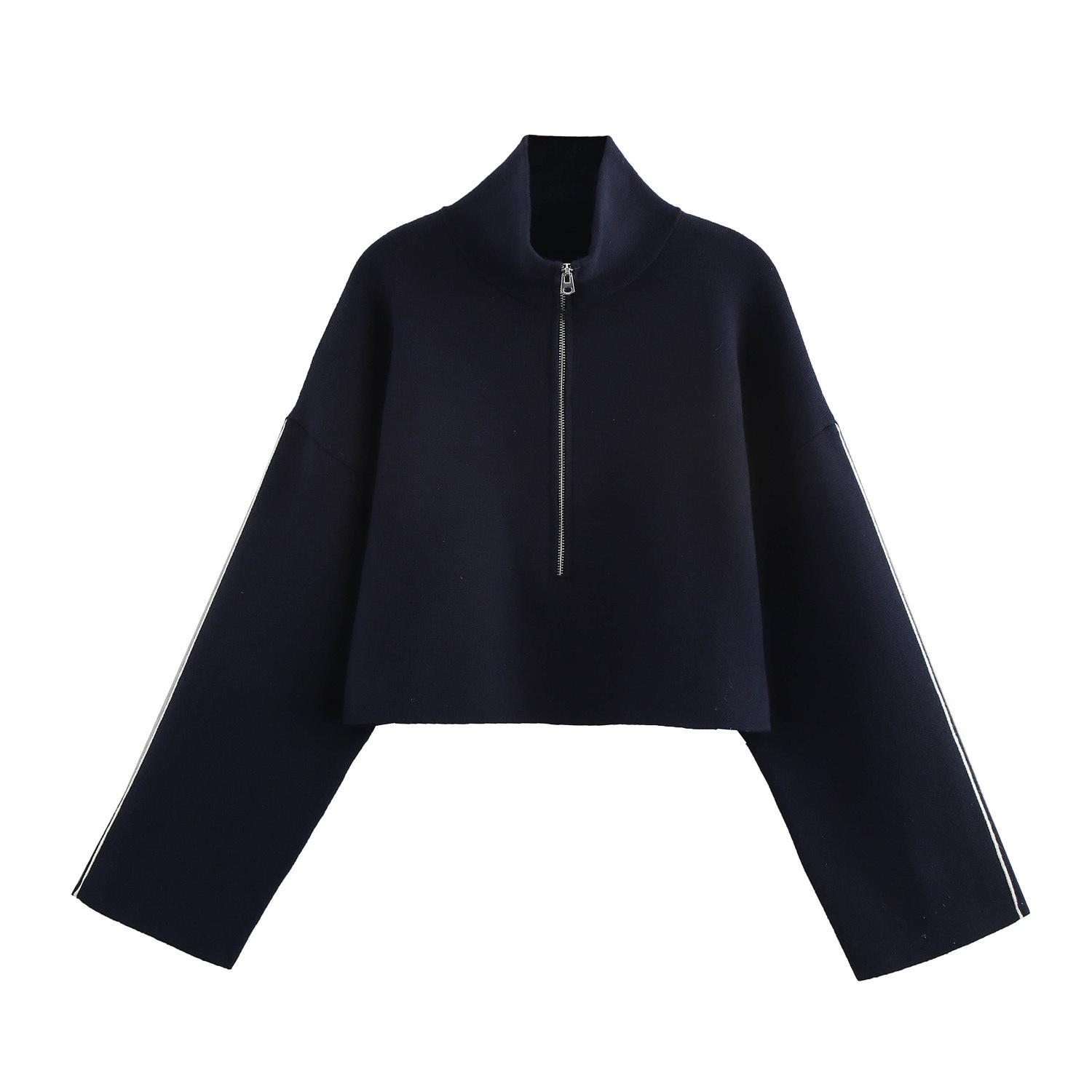 

Женский трикотажный укороченный свитшот в европейском и американском стиле с отделкой молнией и воротником-стойкой, с длинными рукавами - Коллекция Весна 2025 Small синий