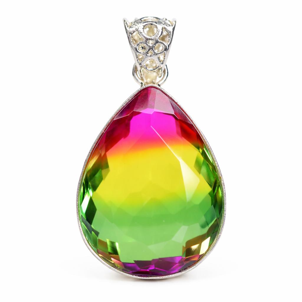 

Lab Created Bi-Color Tourmaline 60ct 925 Sterling Silver Pendant Certified 33 mm approx різнокольоровий