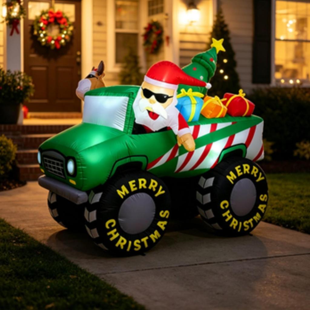 Festive Christmas Inflatable Truck | Includes Ground Stakes and Tethers, WeatherResistant Outdoor