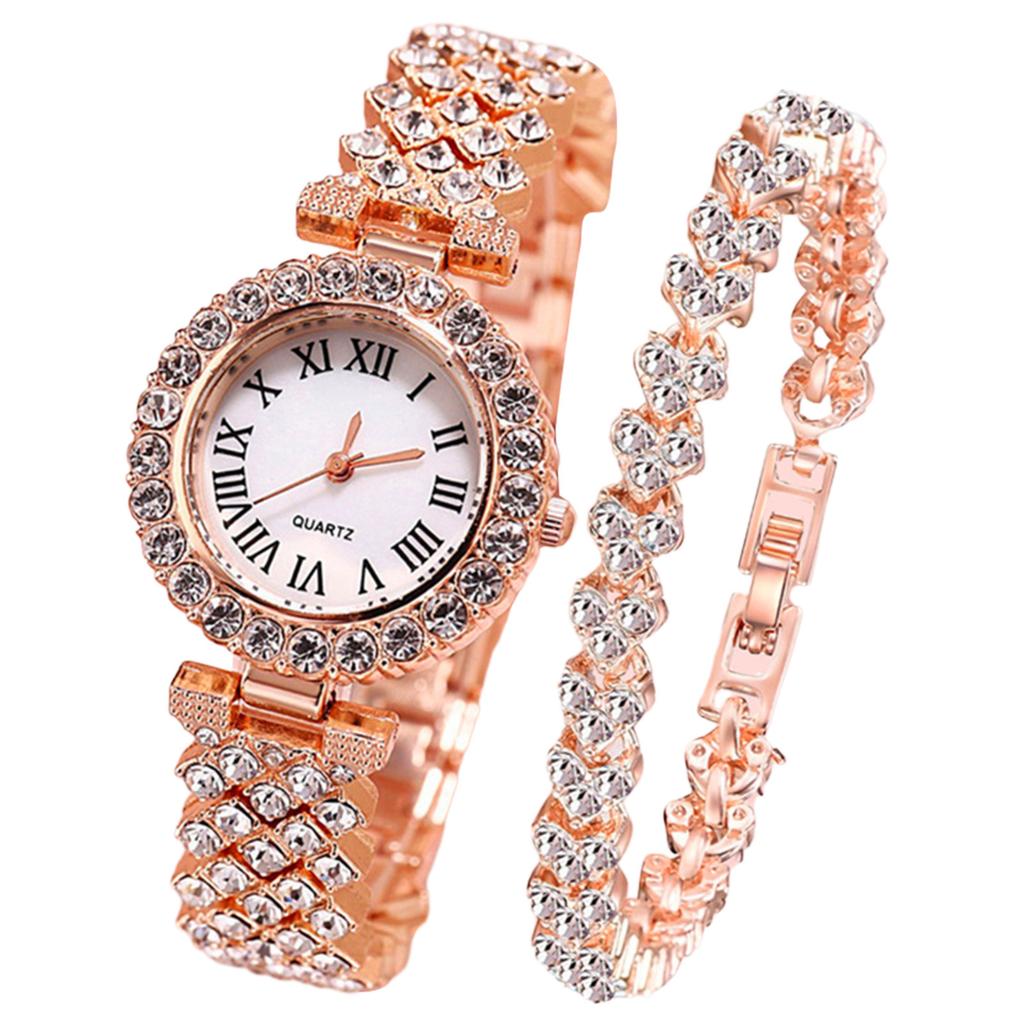 2 Stück Luxus Damen Strass Roségold Uhr Mode Damen Quarz Diamant Armbanduhr Elegant Damen Armbanduhren Set Geschenk