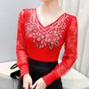Spring Autumn Women's Lace Sleeve Patchwork T-Shirt Elegant V-neck Tees Slim Ladies Tops With Rhinestone Flower