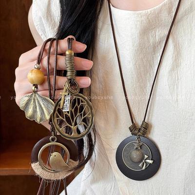 New Chinese Zen Long Round Necklace Ethnic Style Stacked Sweater Chain Bohemian Accessories