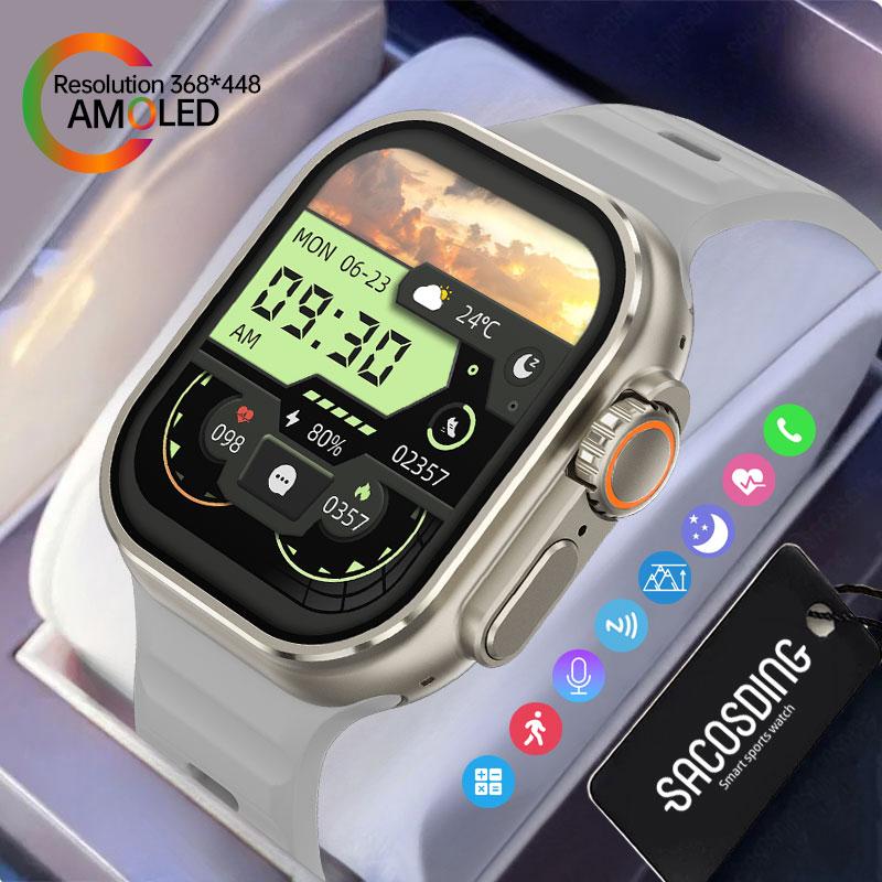 SACOSDING 2.04 Inches 368*448 Pixels AMOLED Screen Large Screen BT Call Voice Assistant Fitness Tracker Smart Watch for Men Women
