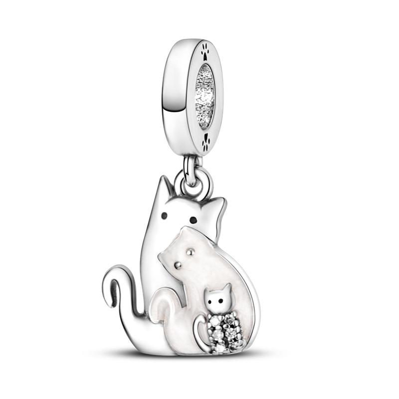 New 925 Silver Cute Cat Dog Charm Heart Pendant Beads Fit Bracelet DIY Women Jewelry Fine Gift