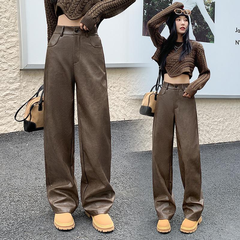 Leather Pants Women's New Coffee-colored Straight and Thin Casual Leather Pants Leather Personalized Loose Wide-leg Pants Children's Autumn and Winter