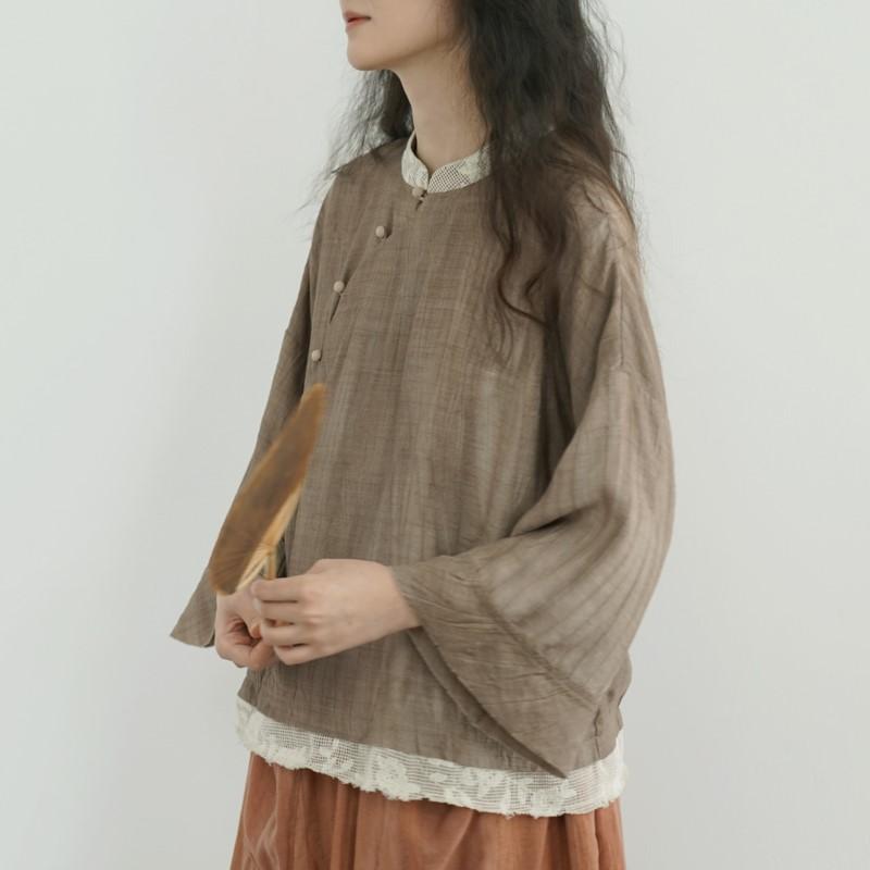 Johnature Women Vintage Shirts Tops Stand Long Sleeve Patchwork Color Blouses Spring Loose Shirts