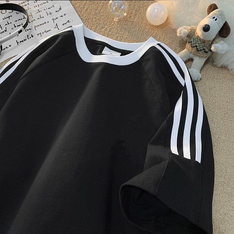 Men Summer Casual Loose Oversize Short Sleeve Round Collar Handsome Teenager Striped Pullover Cotton T Shirt Top
