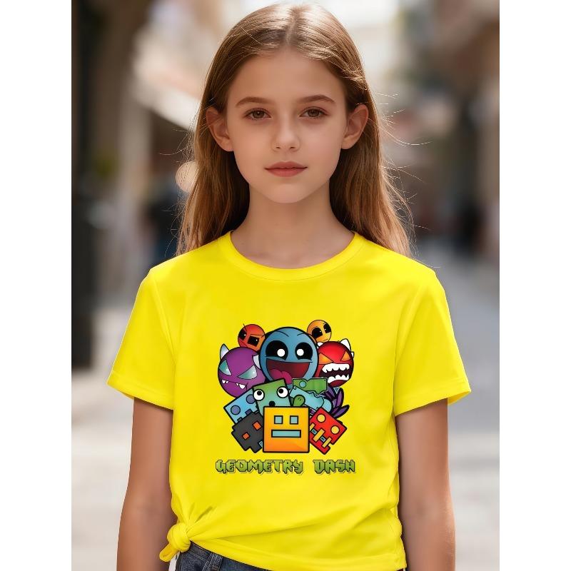 MLionKidsTee Europese maten Meisjes Zomer Nieuw Geometrisch Streepjes Thema Korte Mouw Casual Top voor Oudere Kinderen 170 geel