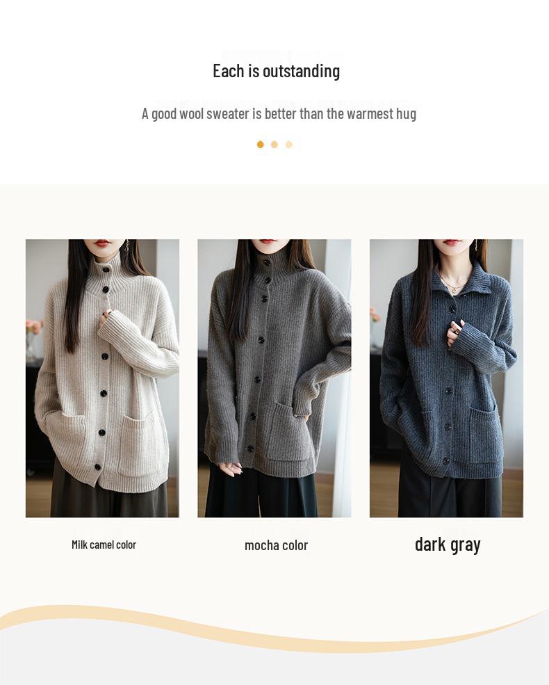 Women's Korean Style Wool Cardigan: Autumn/Winter Half-High Neck Button-Up Knit Sweater