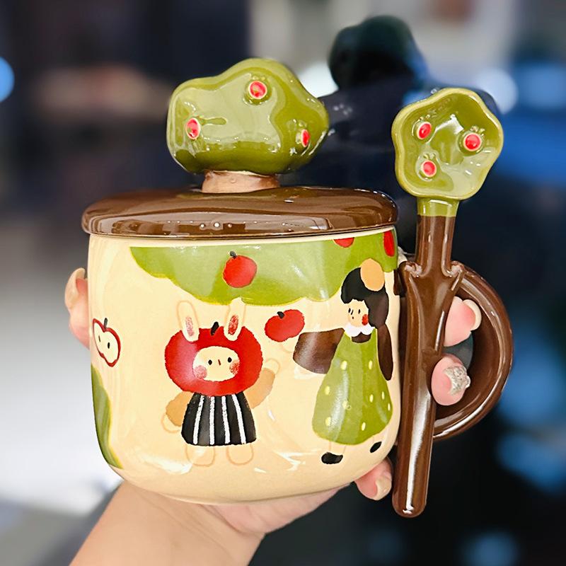Cute Cartoon Apple Tree Mugs with LIDS Creative Easter Gifts  Water Cups  Household Ceramic Cups As Souvenirs