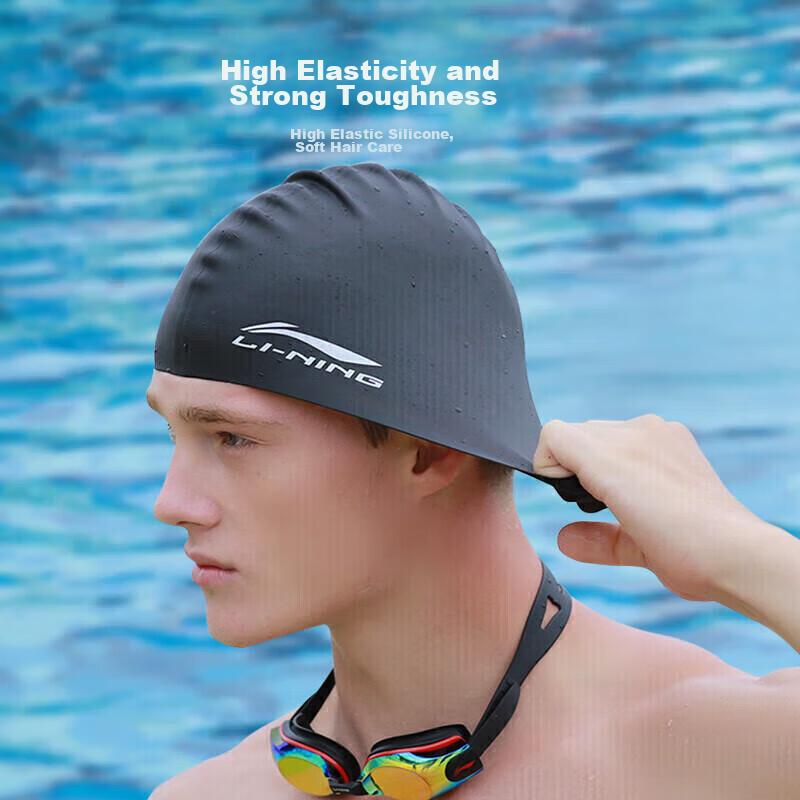 Li-Ning Silicone Swimming Cap, for Long Hair, Waterproof, Black