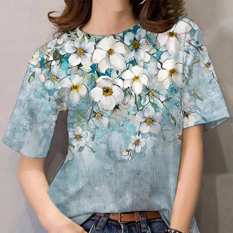 Colorful flowers 3D printed T-shirt, women's casual style top, women's clothing