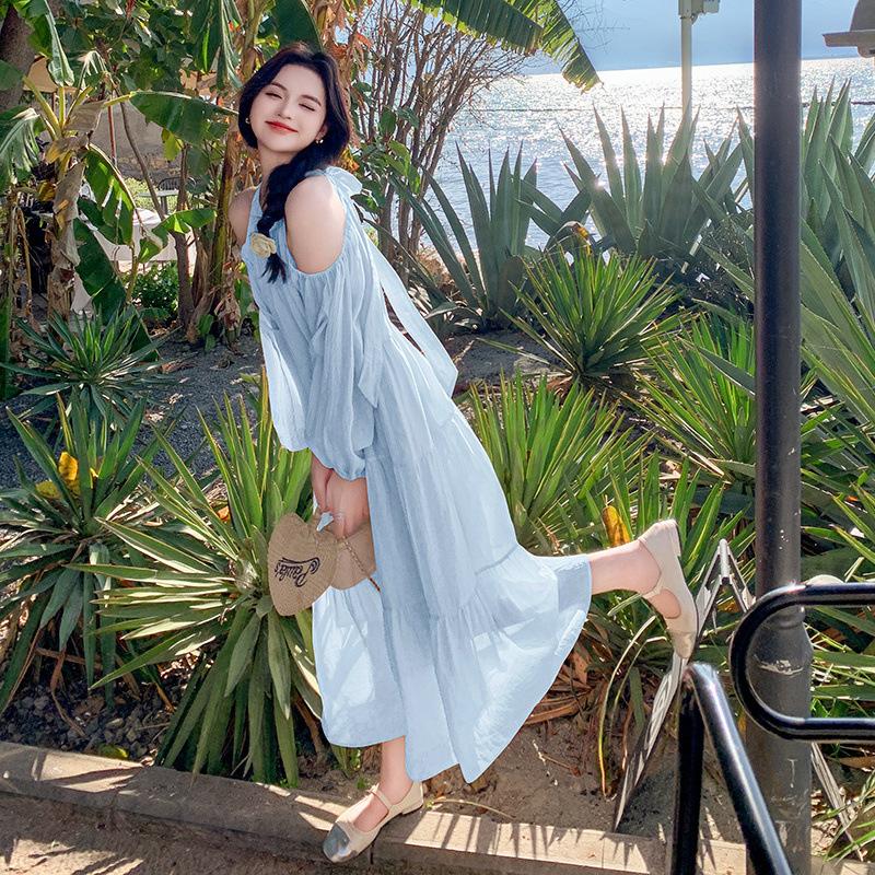 Seaside Vacation Dress Women's Summer New Sweet Gentle Wind Temperament Beautiful Off-the-shoulder Beach Dress