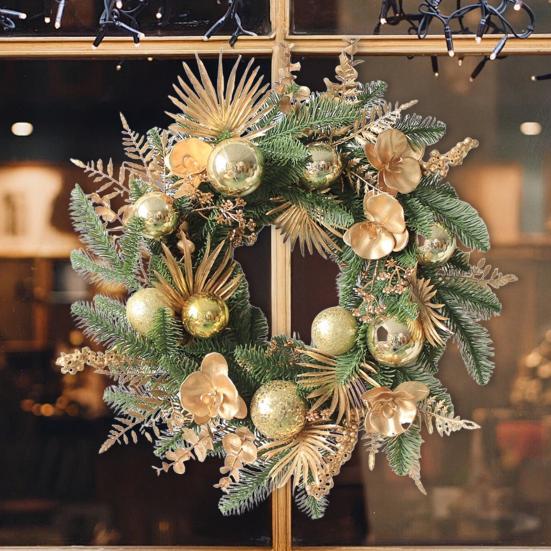 20" Christmas Wreath for Front Door Artificial Wreath with Ball Ornaments Golden Flowers Leaves