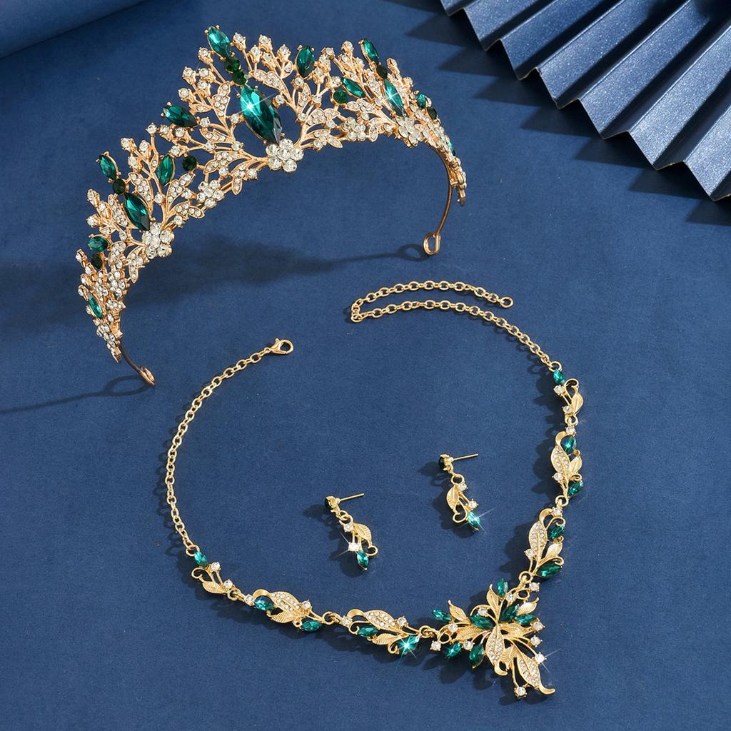 Ladies' Fashion Leaf Water Drop Flower Forest Elegant Crown Necklace Earrings Zircon Set