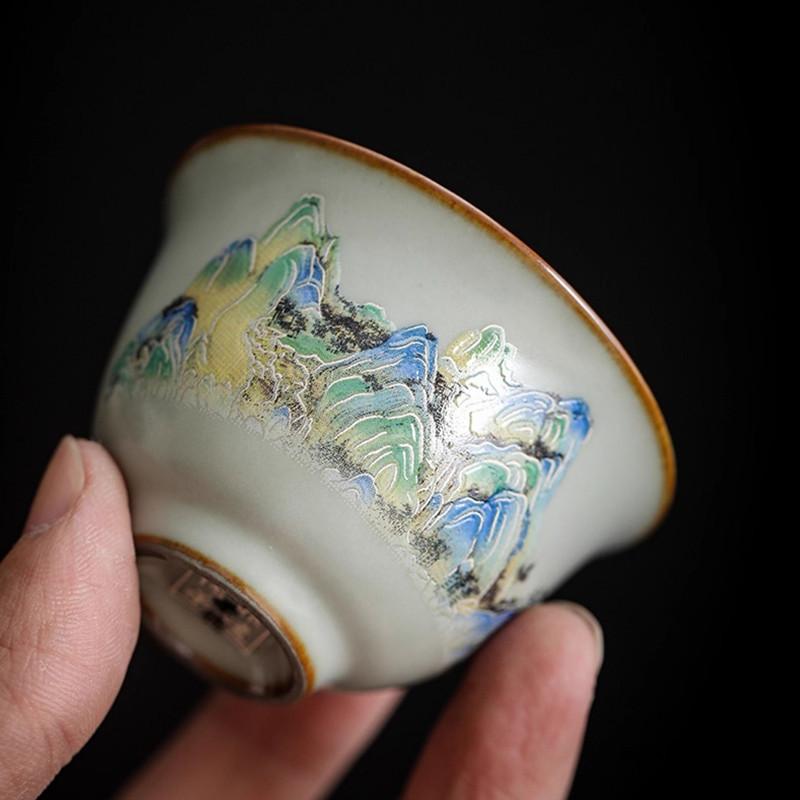 1 Pc Chinese Vintage Ru Kiln Ceramic Tea Cup Handmade Landscape Teacup Household Beauty Tea Bowl Travel Personal Teaware 50ml