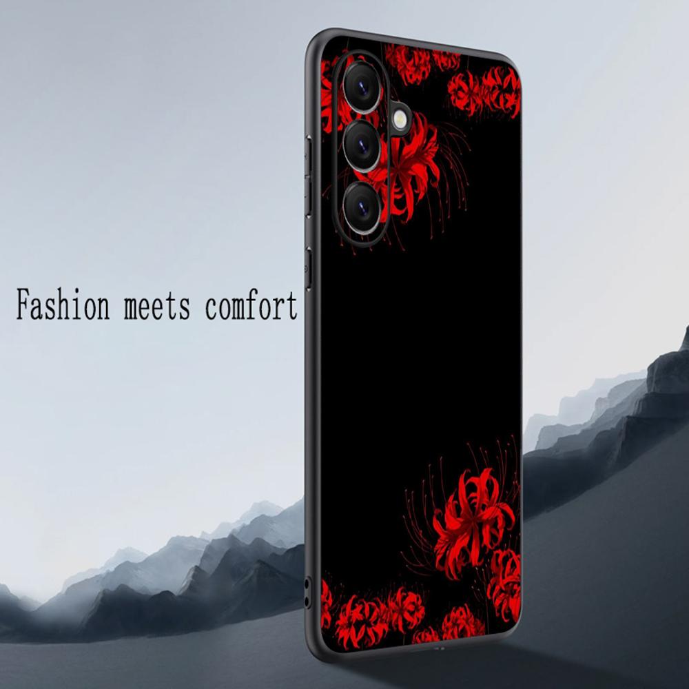 Handyhülle mit rotem Spinnenlilie-Motiv im japanischen Kunst- und Modedesign für Samsung Galaxy S26, S25, S24, S23, S22, S21 Plus, Ultra und Note20 (weich, schwarz)
