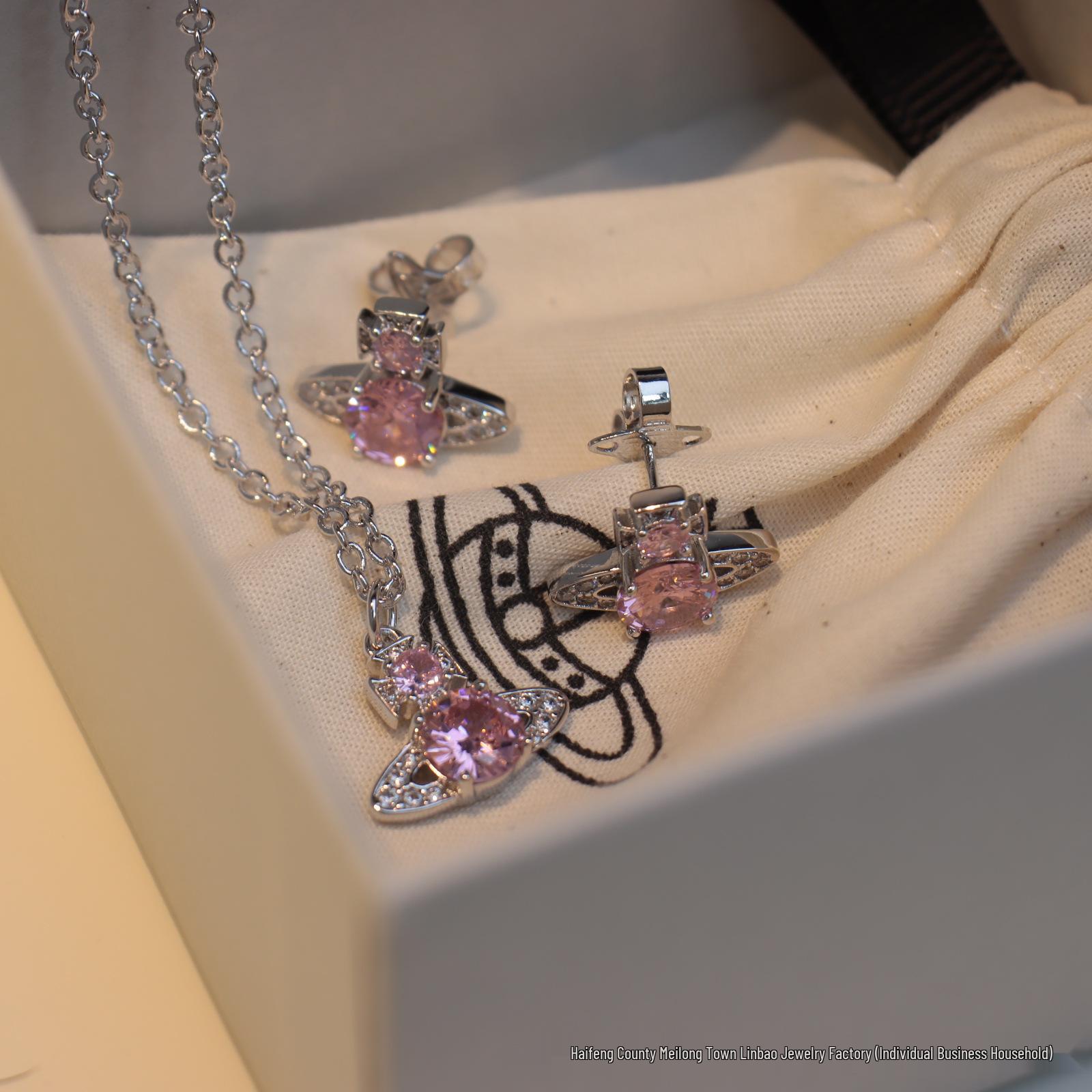 Empress Dowager Cixi Zircon Pendant Necklace & Earrings Set - Small Size, Full Diamond, Mermaid Tears Design, Light Luxury Fashion.