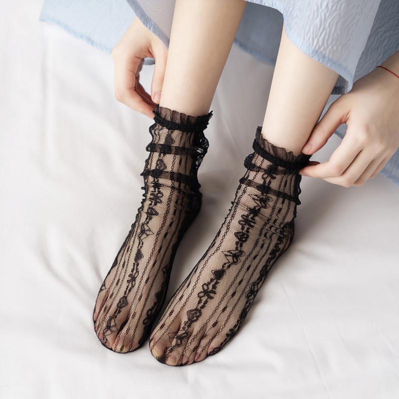 Lolita Women'S Socks Spring And Summer Thin Mesh Socks Japanese Jk Black And White Medium Tube Lace Stockings Sweet Love Lace Socks